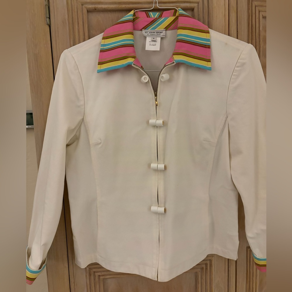 St. John Sport by Marie Gray White Jacket and Striped Top Set - Picture 2 of 8